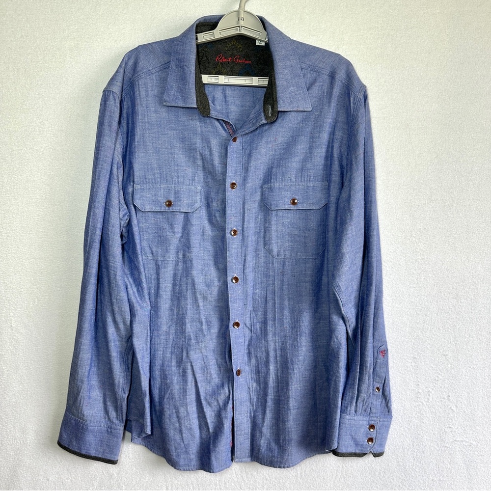 Robert Graham Classic Fit Casual Shirt 2XL Blue Gray Flip Cuff Texture Pockets